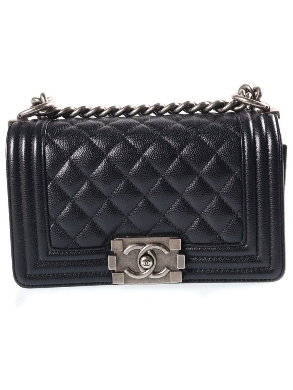 Chanel Boy 20 Small Shoulder Bag Chain Black Caviar Leather Silver